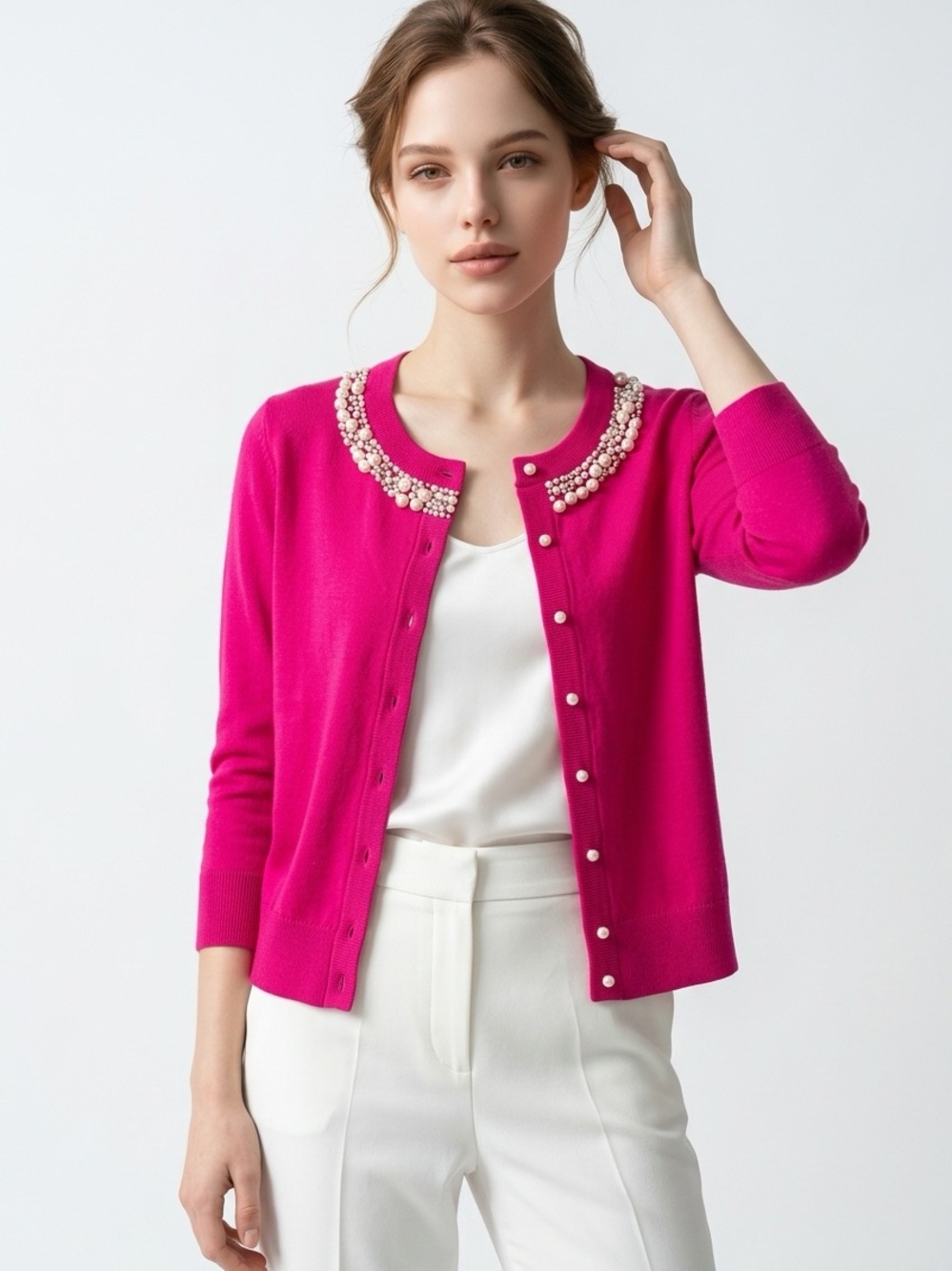 KATE SPADE NEW YORK | Pink Embellished Pearl-Trim Cardigan Women’s Size M
